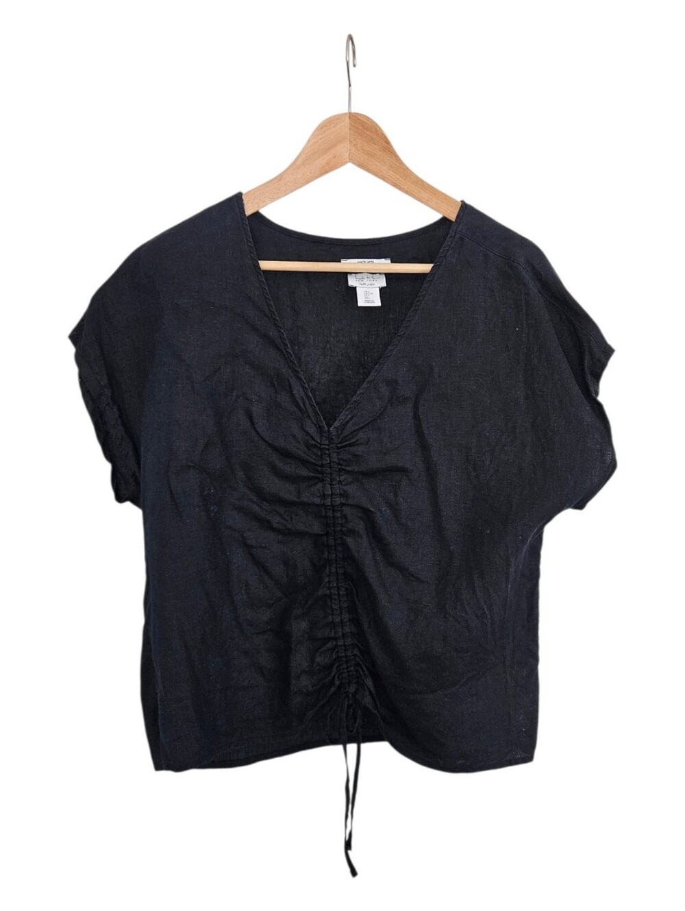 NICOLE MILLER 100% Linen Top Blouse, Pull String Roushing - Black